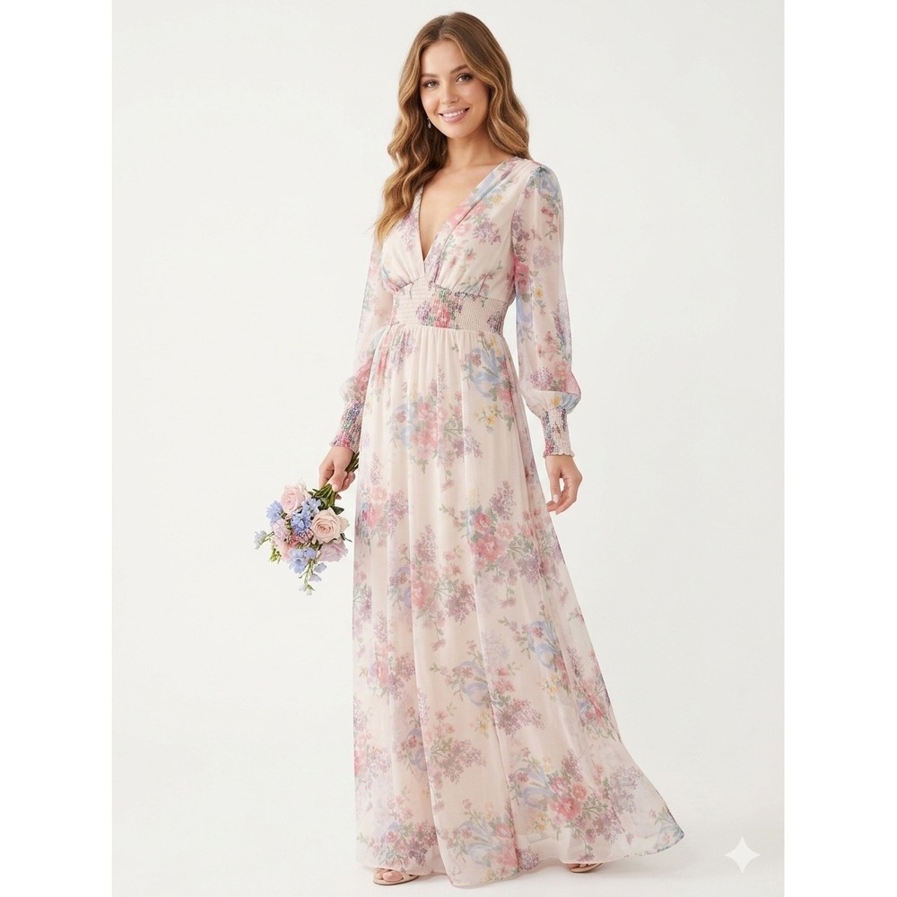 NEW. Baltic Born Katya Long Sleeve Maxi Dress Cream Floral Smocked Waist Medium - Picture 1 of 8